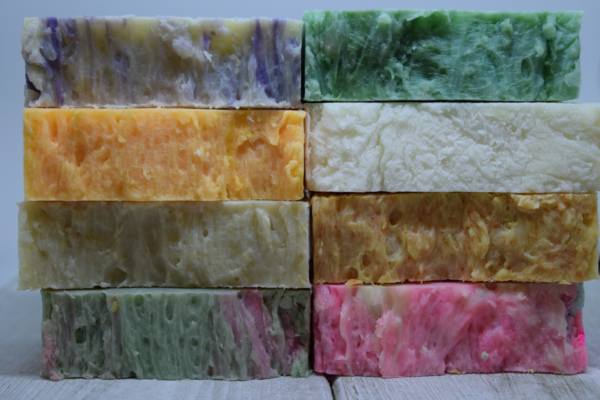 Paradise Handmade Soap Company photo for the handmade soy soap bars showing two stacks of four different colored soap bars.