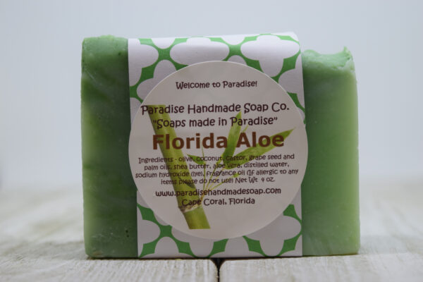 Florida Aloe handemade soap bar with label by Paradise Handmade Soaps.