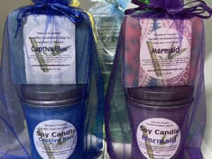 4 oz bar of soap and 8 oz glass jar soy candle gift set by Paradise Handmade Soap Co