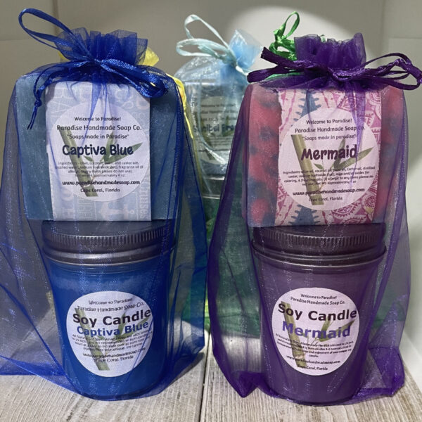 4 oz bar of soap and 8 oz glass jar soy candle gift set by Paradise Handmade Soap Co